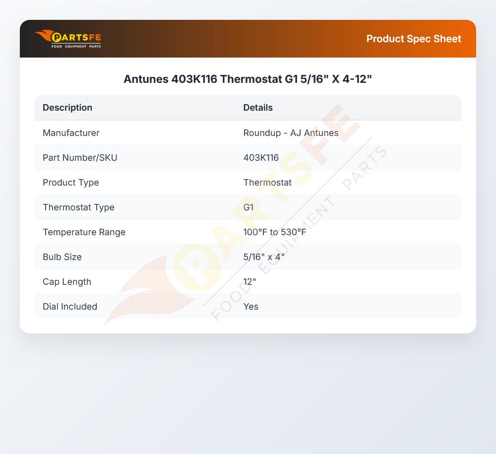 Antunes 403K116 Thermostat G1 5/16" X 4-12"
