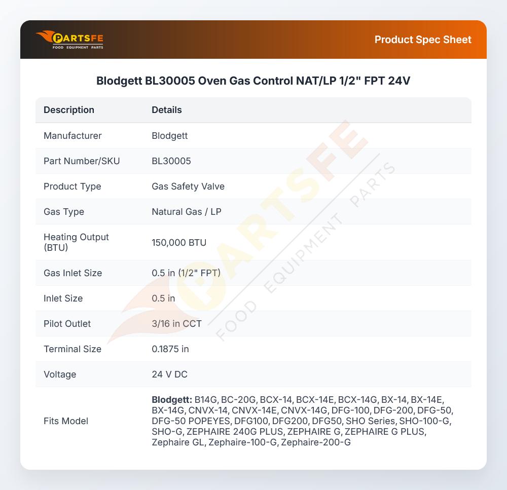 Blodgett BL30005 Oven Gas Control NAT/LP 1/2" FPT 24V