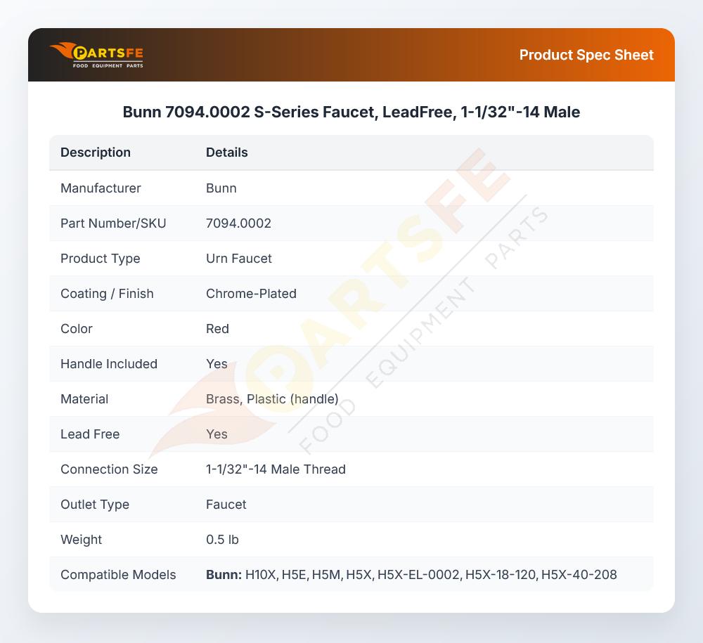 Bunn 7094.0002 S-Series Faucet, LeadFree, 1-1/32"-14 Male