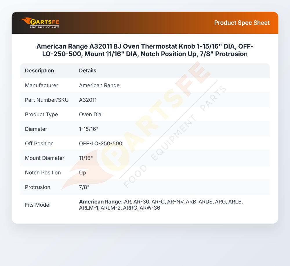 American Range A32011 Range BJ Thermostat Knob LOW-500&deg;F