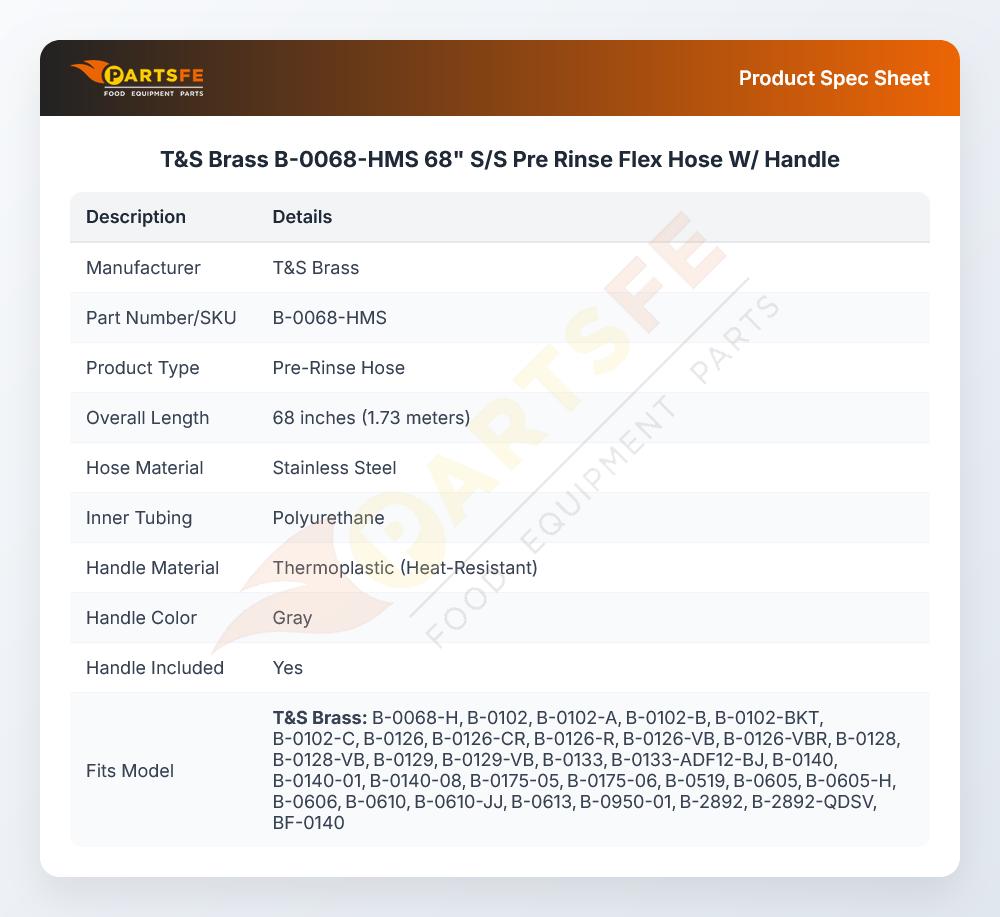 T&S Brass B-0068-HMS 68" S/S Pre Rinse Flex Hose W/ Handle