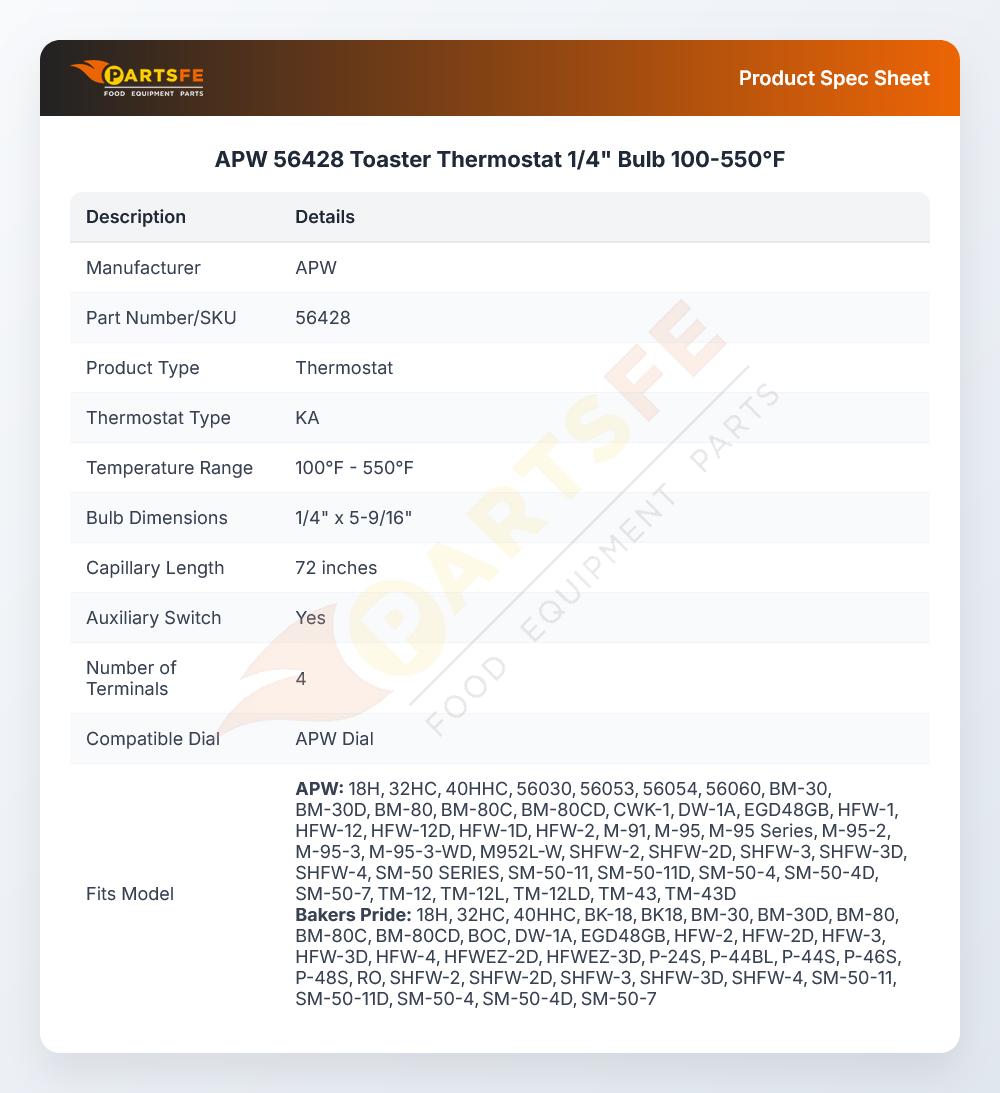 APW 56428 Toaster Thermostat 1/4" Bulb 100-550&deg;F