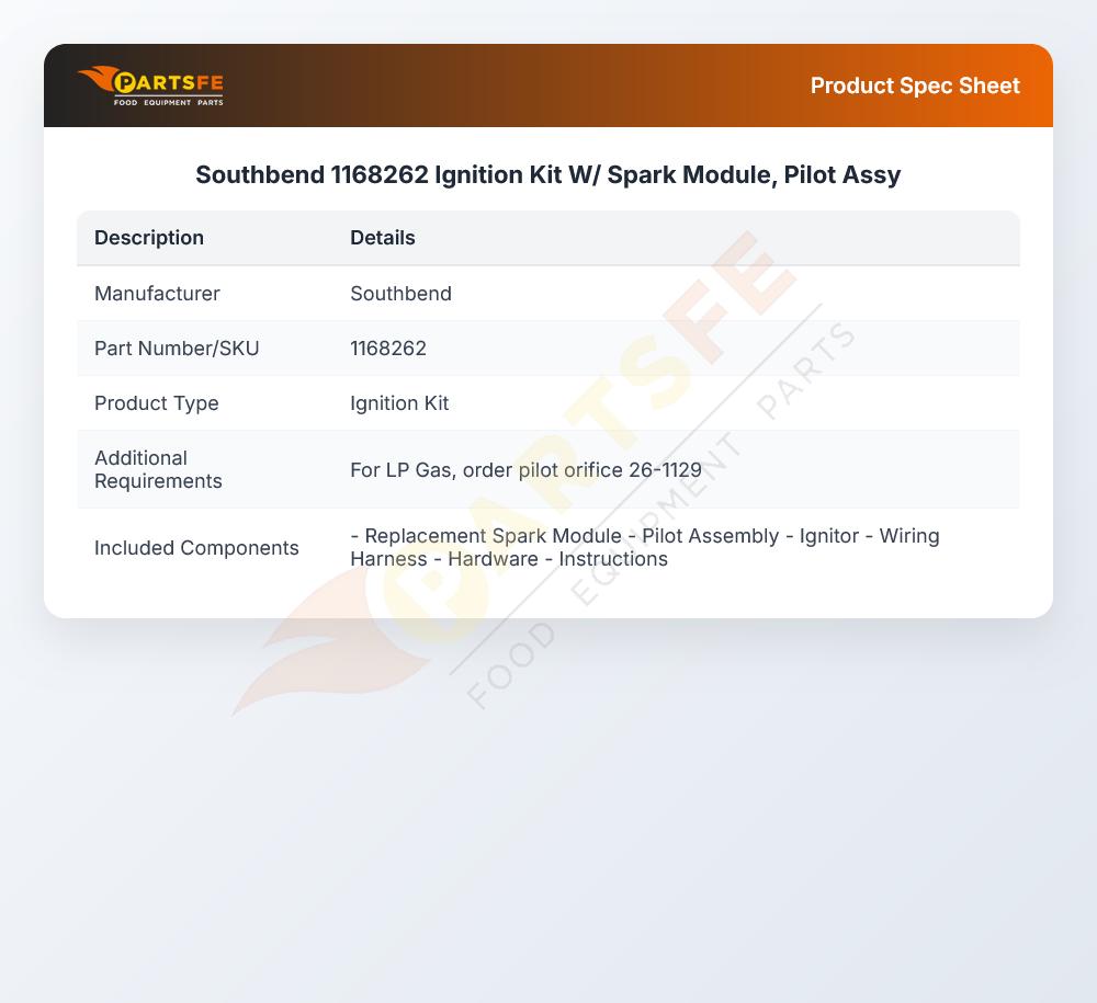 Southbend 1168262 Ignition Kit W/ Spark Module, Pilot Assy
