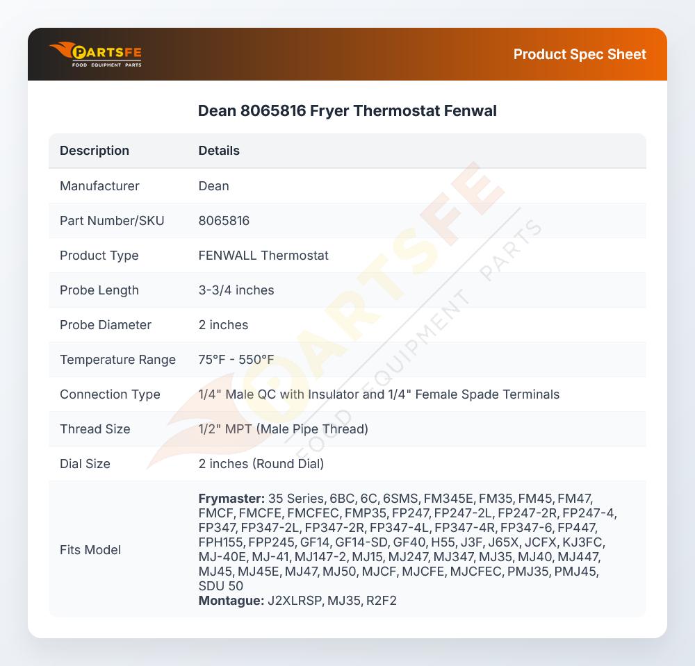 Dean 8065816 Fryer Thermostat Fenwal