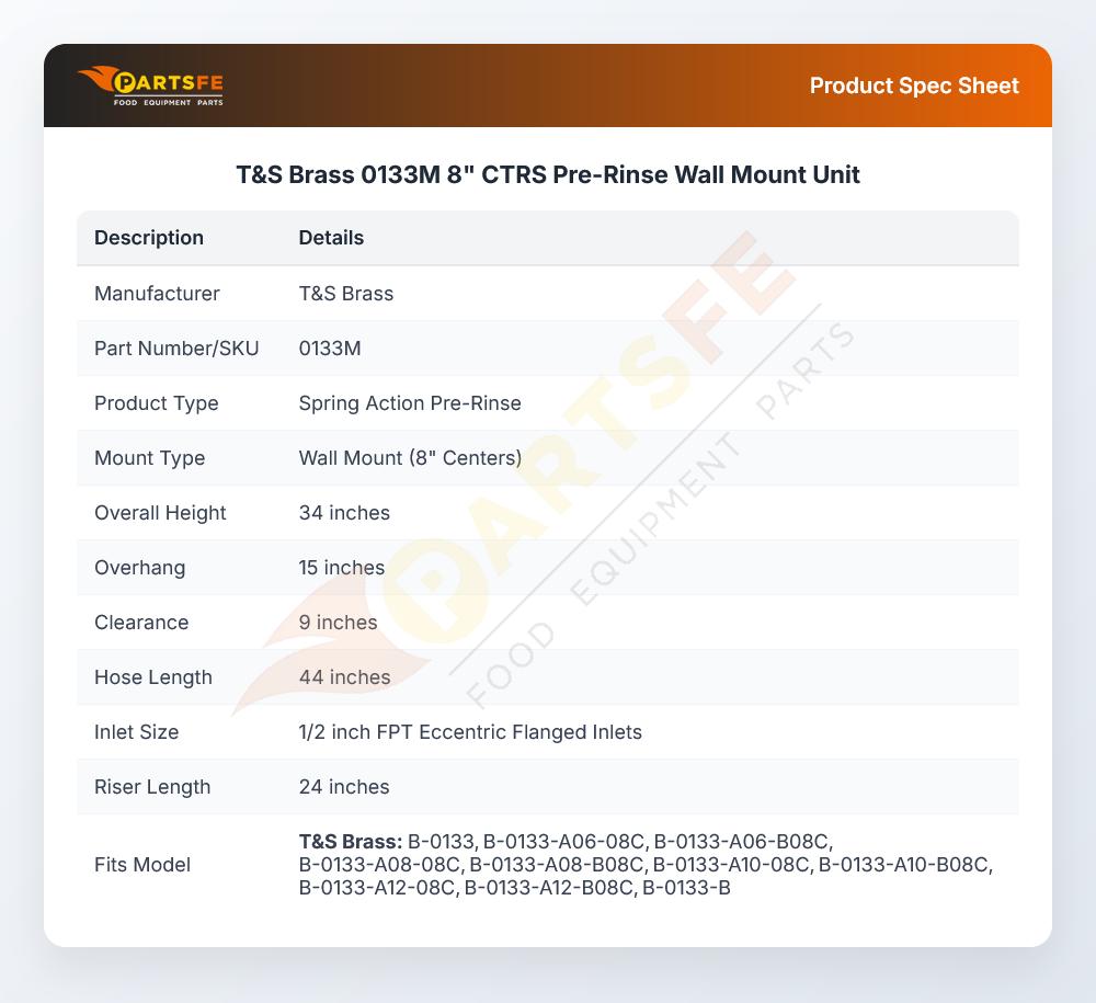 T&S Brass 0133M 8" CTRS Pre-Rinse Wall Mount Unit