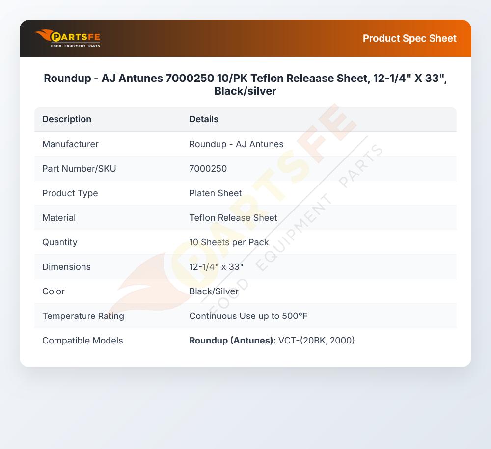 Roundup - AJ Antunes 7000250 10/PK Teflon Releaase Sheet, 12-1/4" X 33", Black/silver