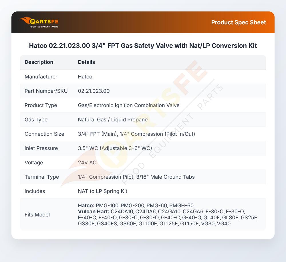 Hatco 02.21.023.00 3/4" FPT Gas Safety Valve with Nat/LP Conversion Kit