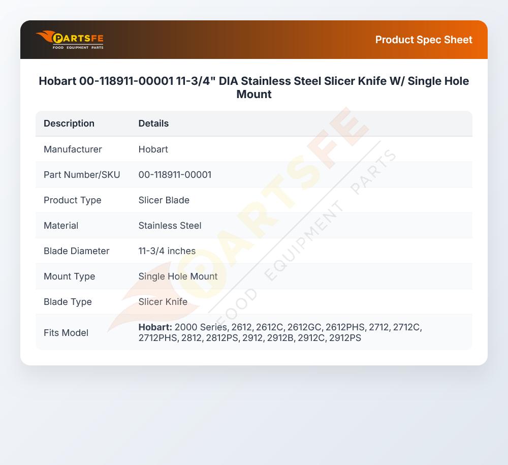 Hobart 00-118911-00001 11-3/4" DIA Stainless Steel Slicer Knife W/ Single Hole Mount