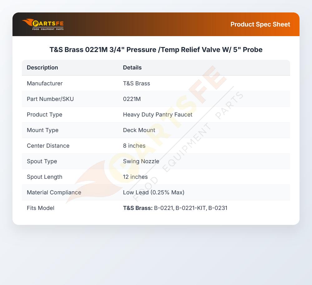 T&S Brass 0221M 3/4" Pressure /Temp Relief Valve W/ 5" Probe