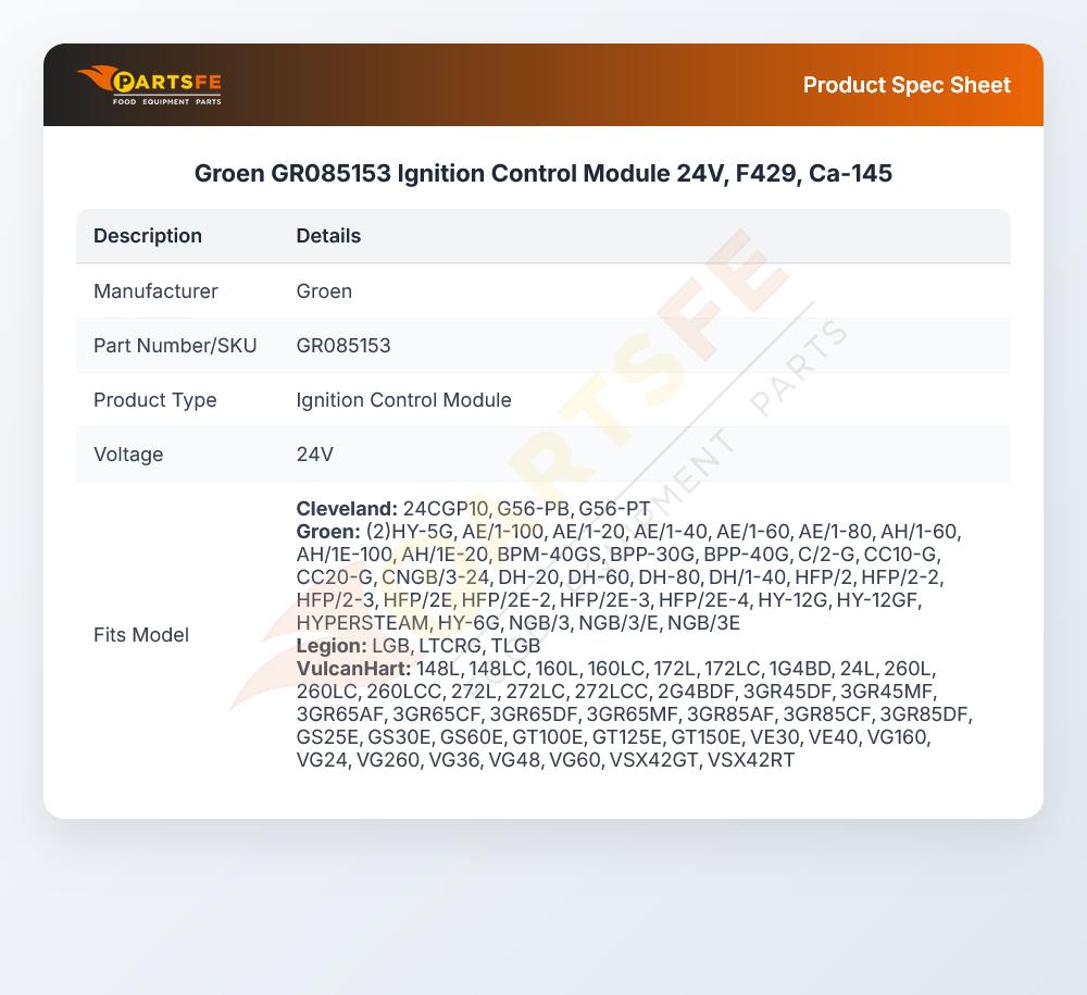 Groen GR085153 Ignition Control Module 24V, F429, Ca-145
