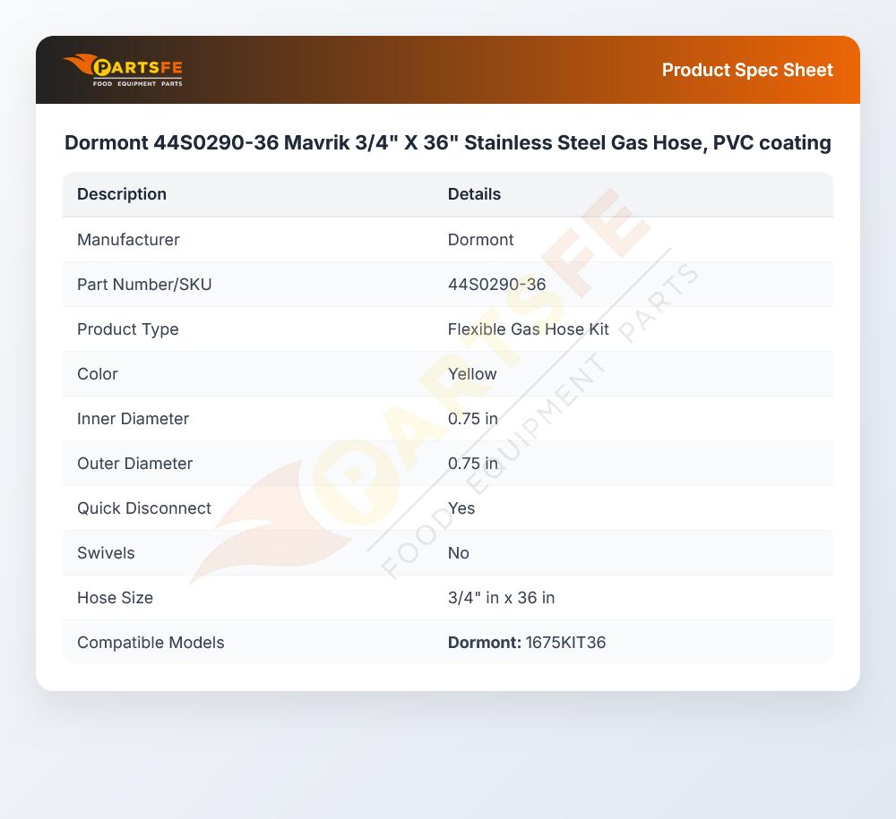 Dormont 44S0290-36 Mavrik 3/4" X 36" Stainless Steel Gas Hose,  PVC coating
