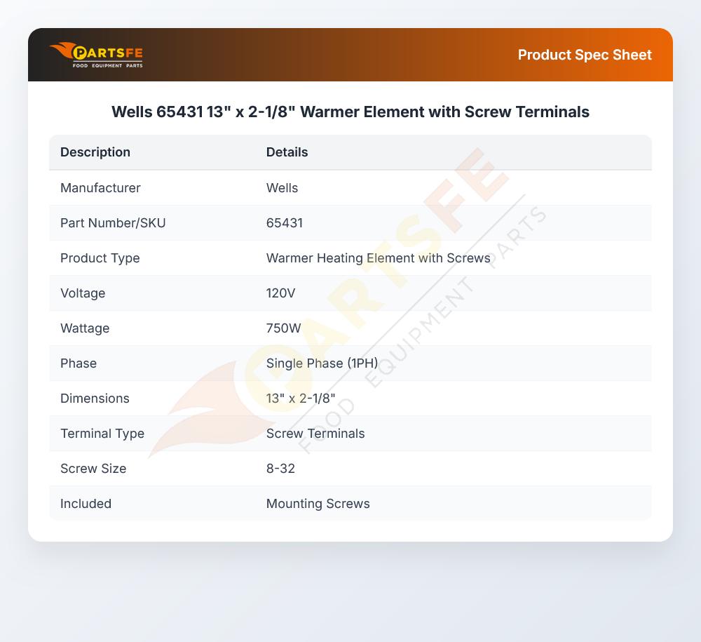 Wells 65431 Warmer Heating Element 750W 120V