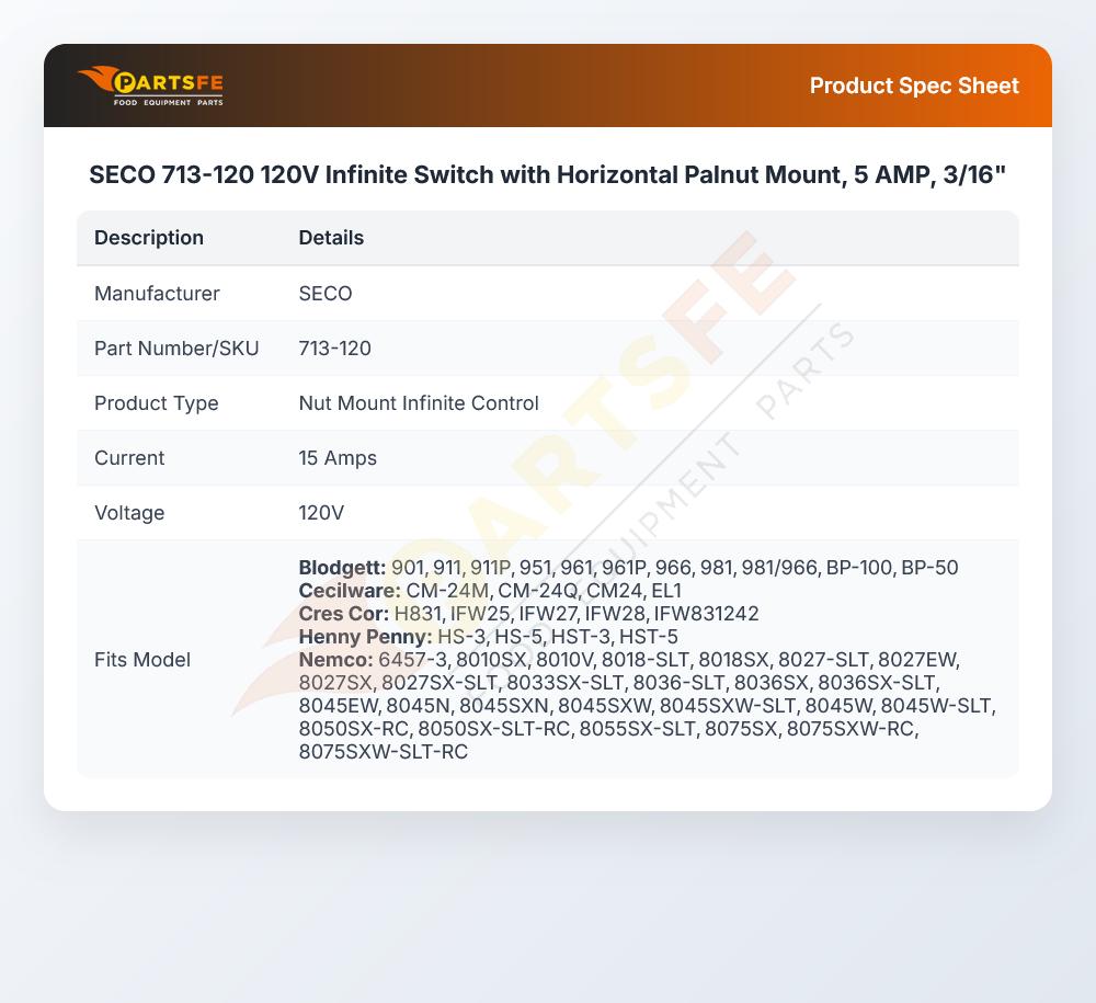 SECO 713-120 120V Infinite Switch with Horizontal Palnut Mount, 5 AMP, 3/16"
