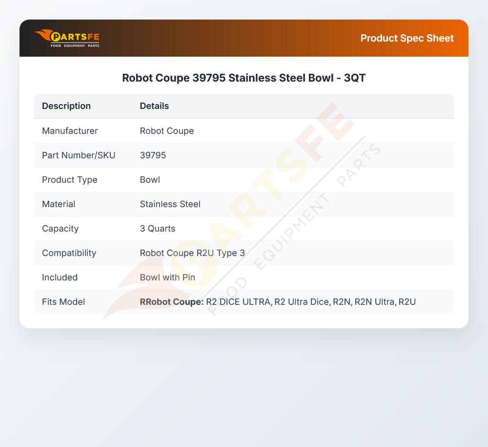 Robot Coupe 39795 Stainless Steel Bowl - 3QT