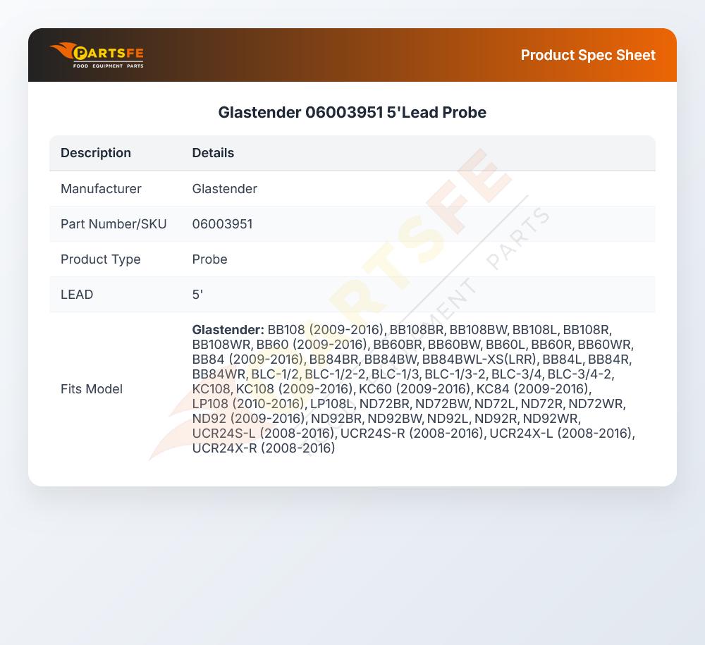 Glastender 06003951 Probe 5' Lead