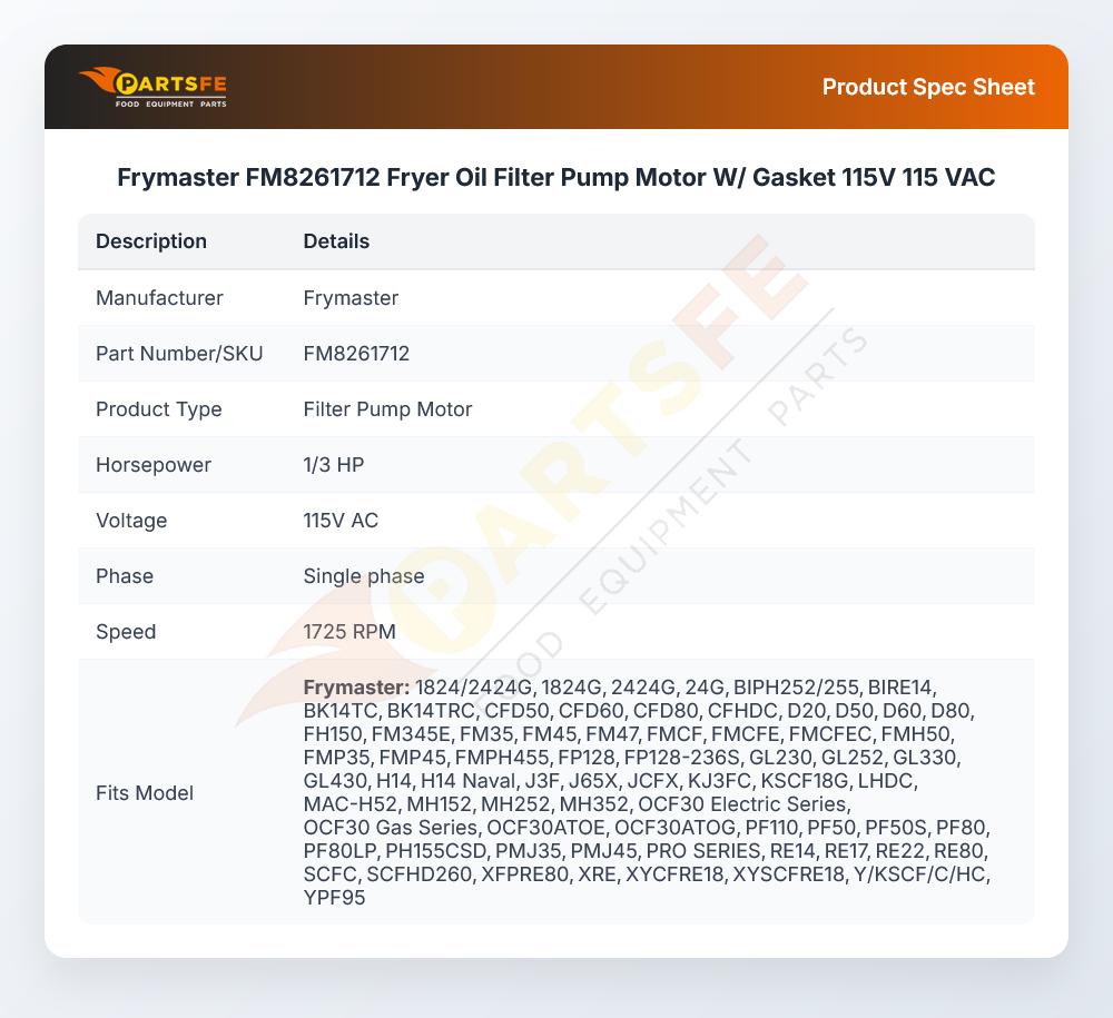 Frymaster FM8261712 Fryer Oil Filter Pump Motor W/ Gasket 115V 115 VAC