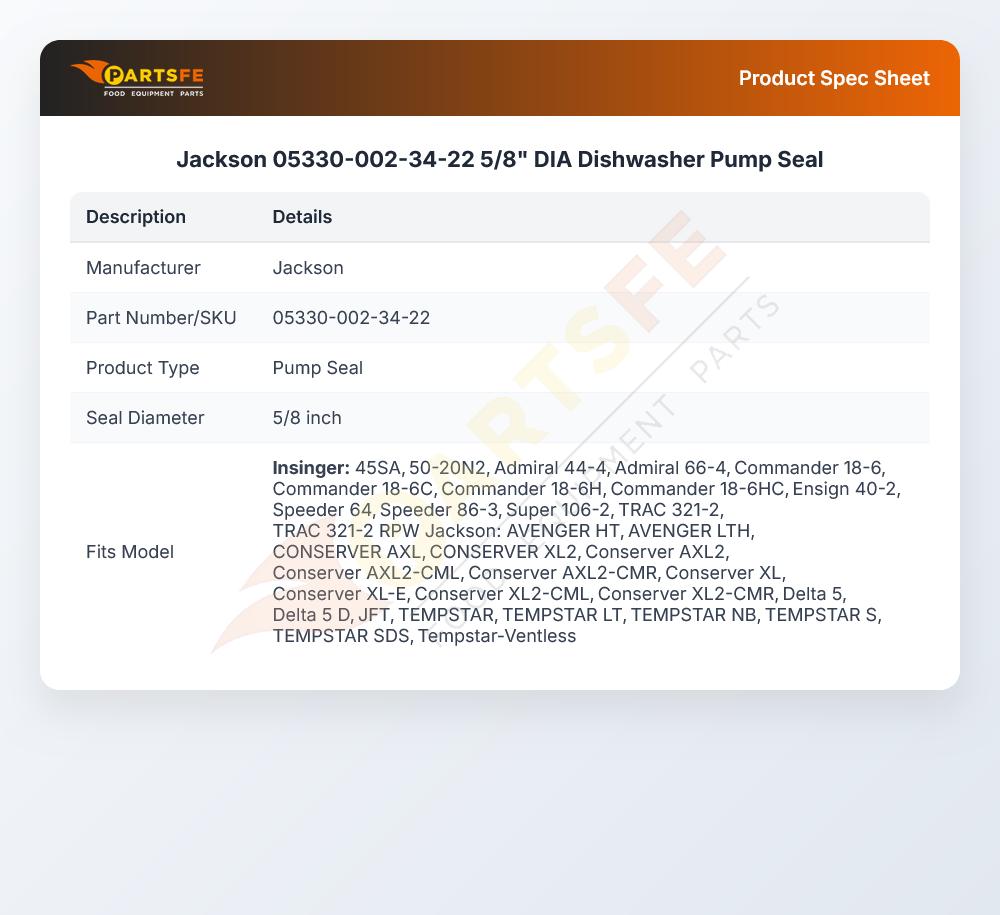 Jackson 05330-002-34-22 Dishmachine Pump Seal 5/8" DIA
