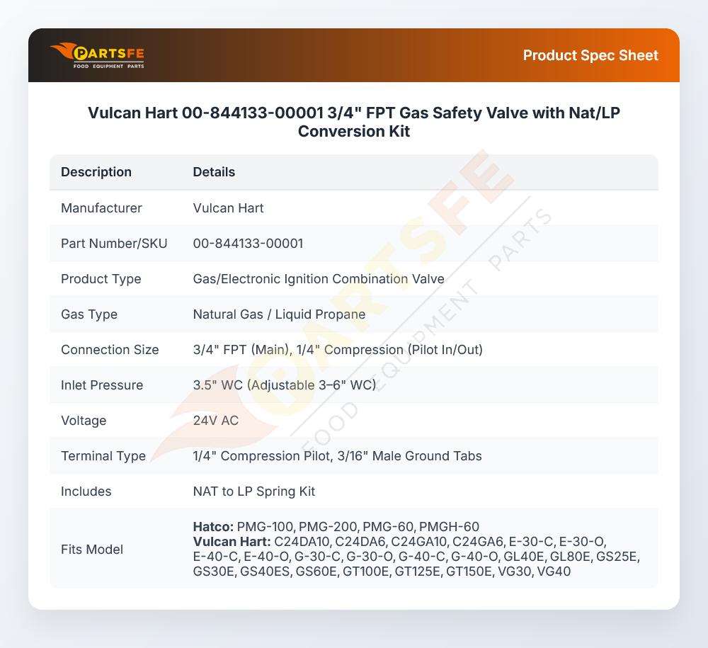 Vulcan Hart 00-844133-00001 3/4" FPT Gas Safety Valve with Nat/LP Conversion Kit