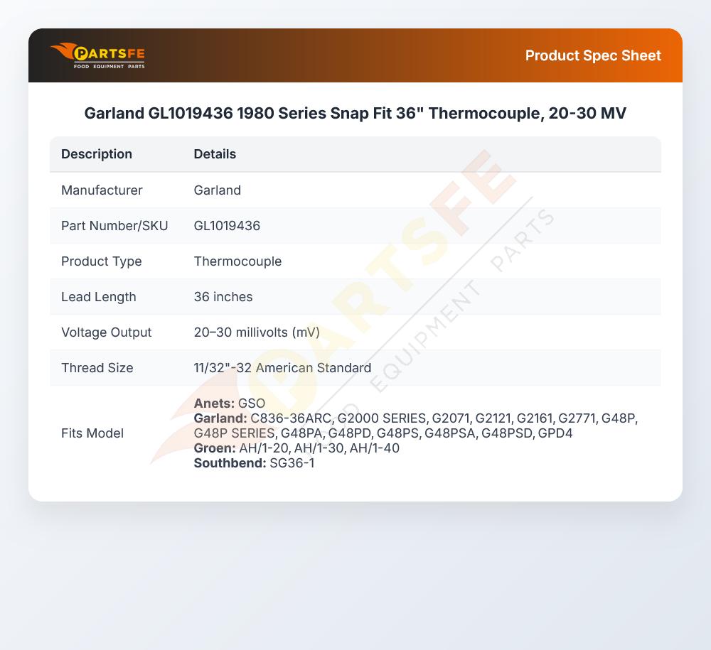 Garland GL1019436 1980 Series Snap Fit 36" Thermocouple, 20-30 MV