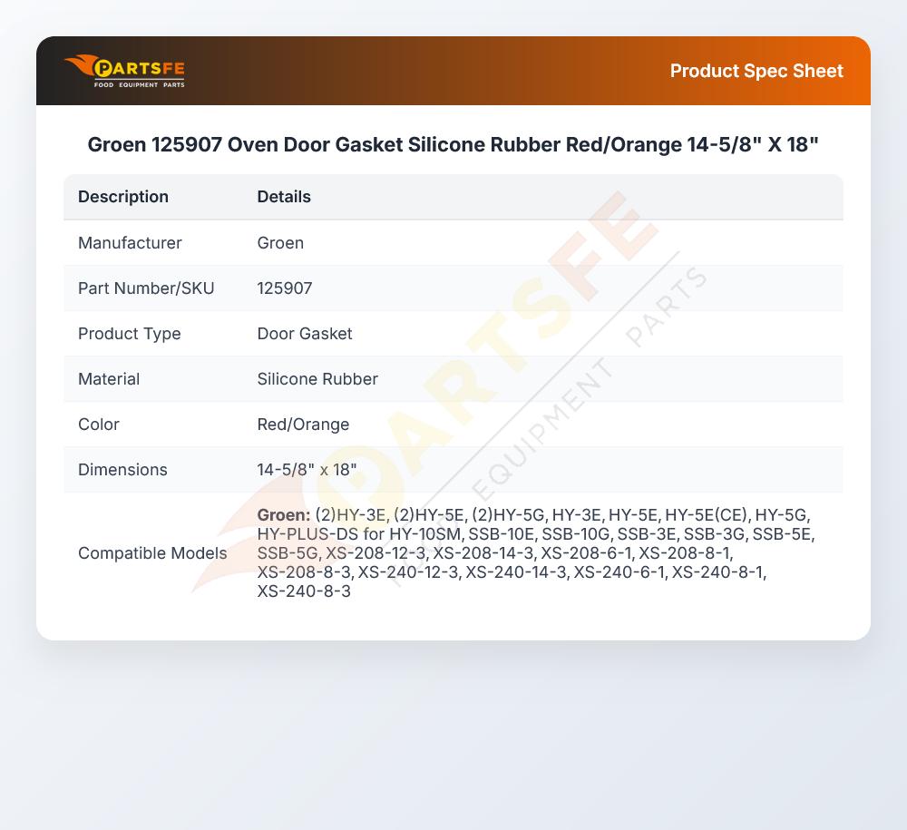 Groen 125907 Oven Door Gasket Silicone Rubber Red/Orange 14-5/8" X 18"