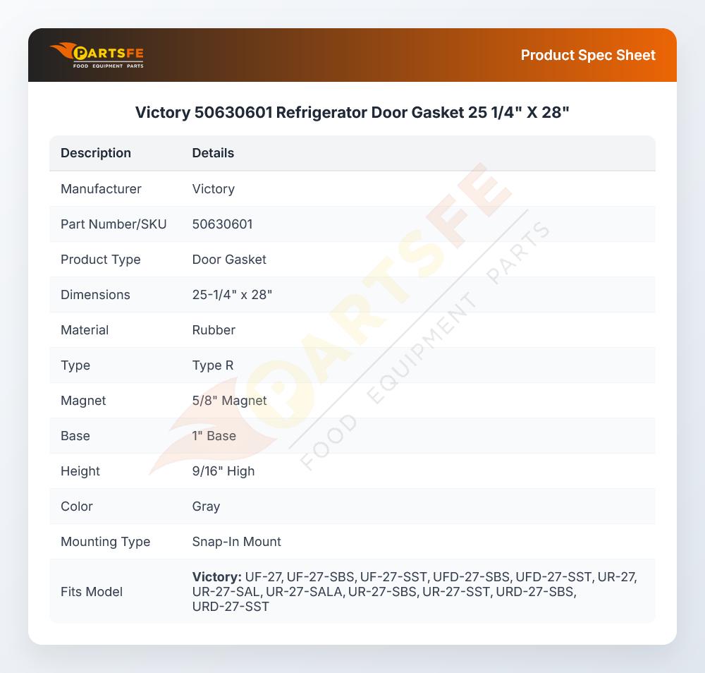 Victory 50630601 Refrigerator Door Gasket 25 1/4" X 28"