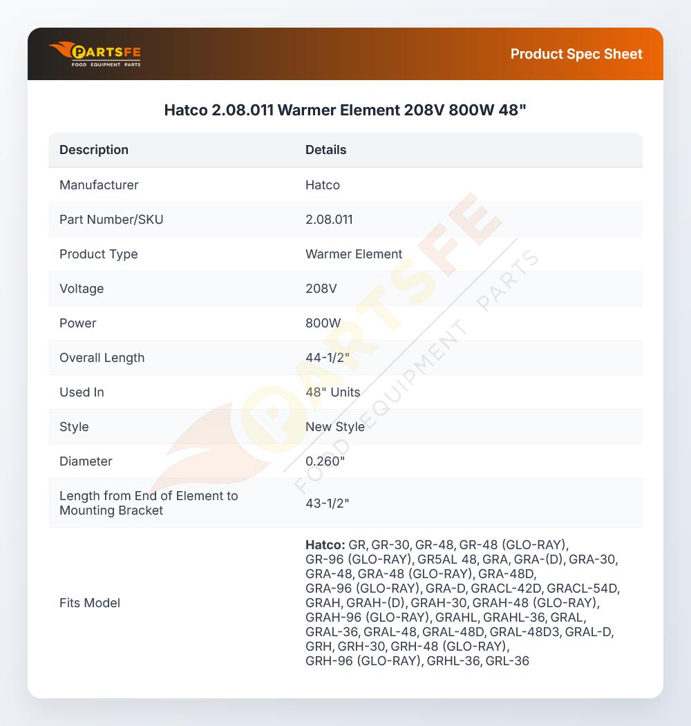 Hatco 2.08.011 Warmer Element 208V 800W 48"