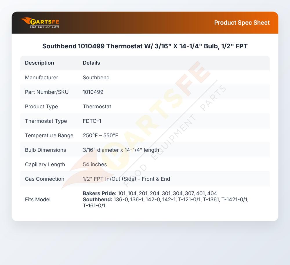 Southbend 1010499 Thermostat W/  3/16" X 14-1/4" Bulb, 1/2" FPT