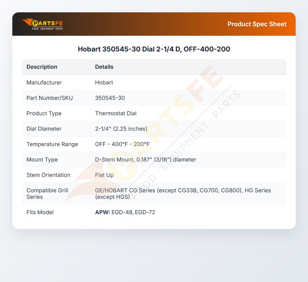 Hobart 350545-30 Dial 2-1/4 D, OFF-400-200
