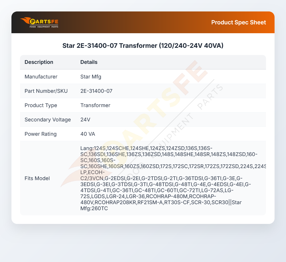 Star Mfg 2E-31400-07 Transformer 120V/208V/240V PRI 24V SEC 40VA