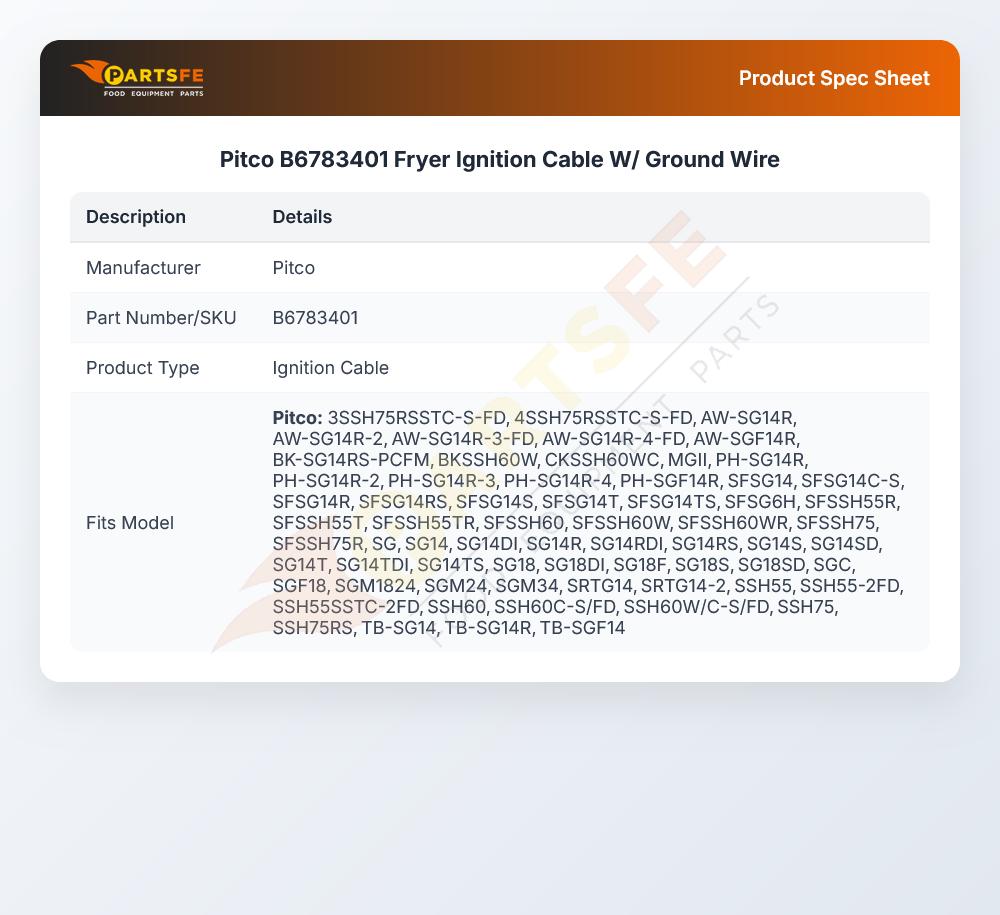 Pitco B6783401 Fryer Ignition Cable With Ground Wire