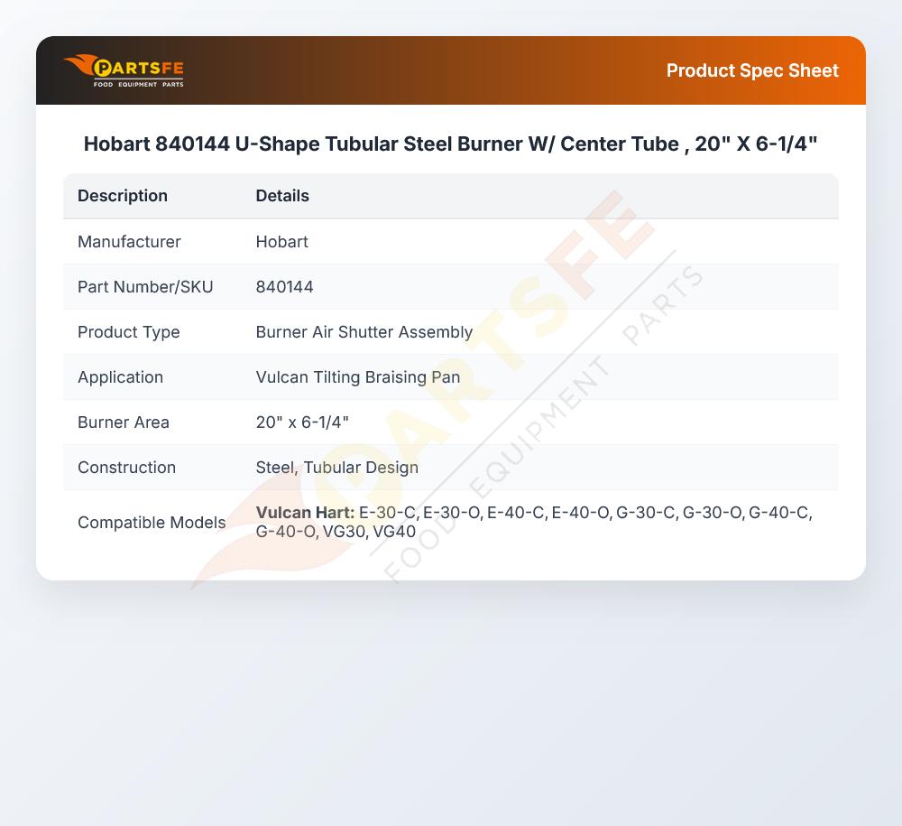Hobart 840144 U-Shape Tubular Steel Burner W/ Center Tube , 20" X 6-1/4"