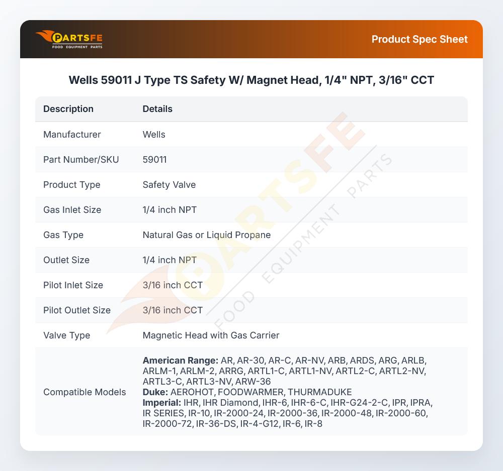 Wells 59011 J Type TS Safety W/  Magnet Head, 1/4" NPT, 3/16" CCT