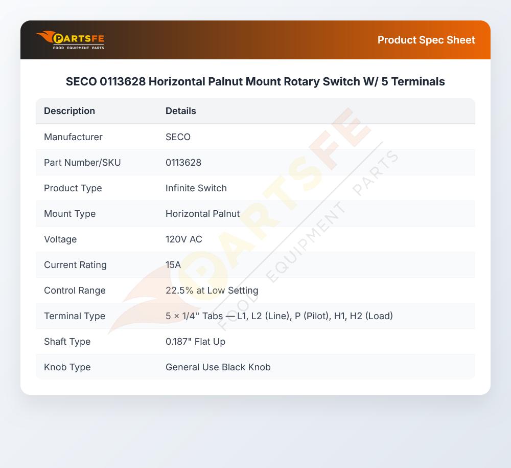 SECO 0113628 Horizontal Palnut Mount Rotary Switch W/ 5 Terminals