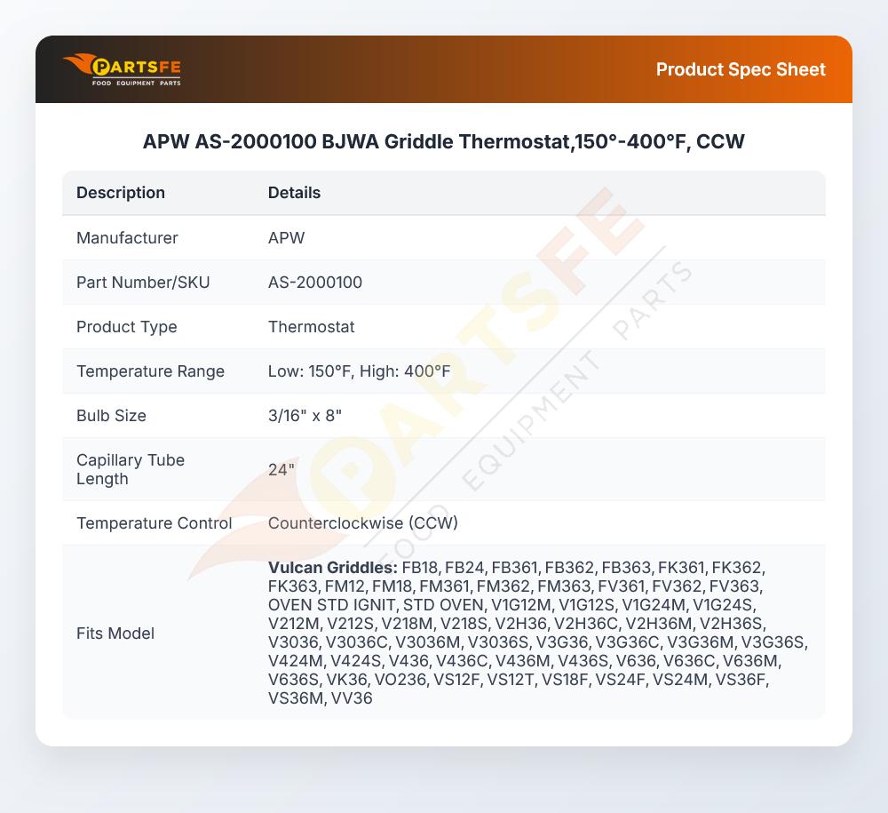 APW AS-2000100 BJWA Griddle Thermostat,150&deg;-400&deg;F, CCW
