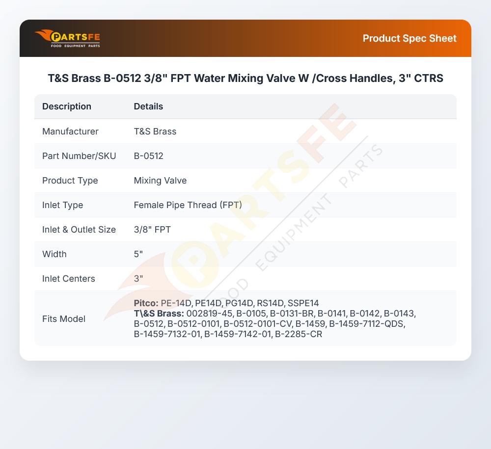 T&S Brass B-0512 3/8" FPT Water Mixing Valve W /Cross Handles, 3" CTRS