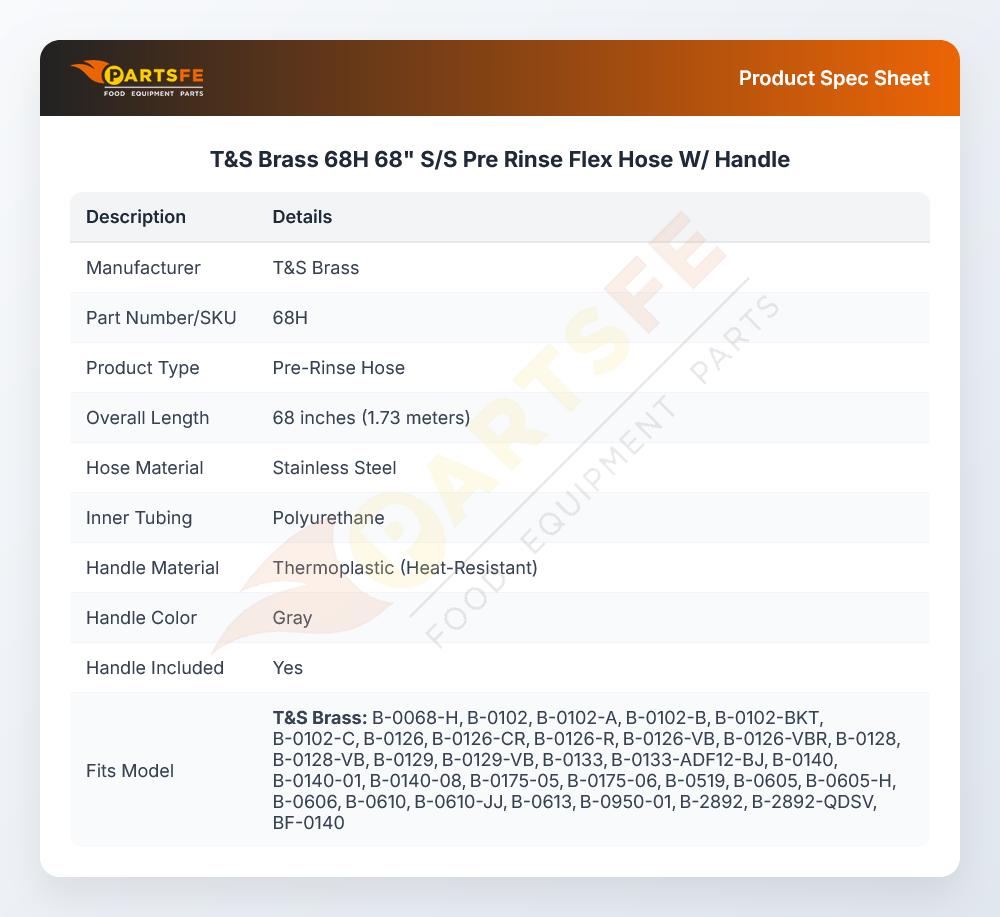 T&S Brass 68H 68" S/S Pre Rinse Flex Hose W/ Handle