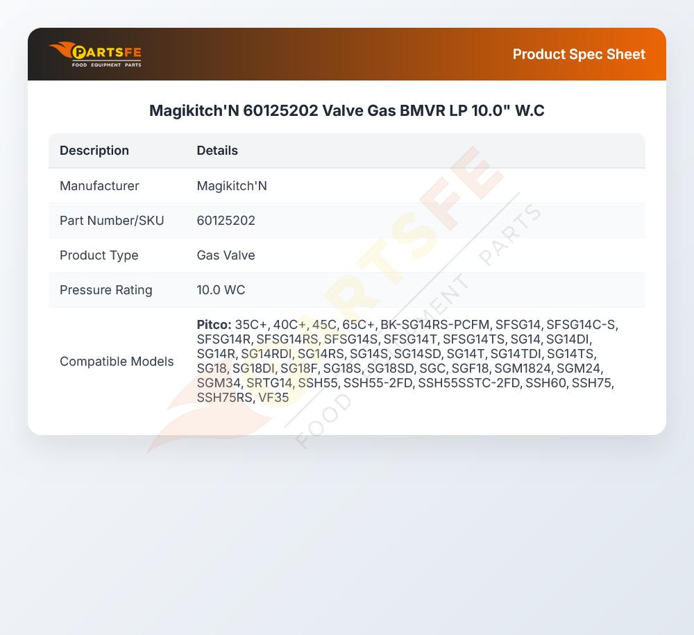 Magikitch'N 60125202 Valve Gas BMVR LP 10.0" W.C