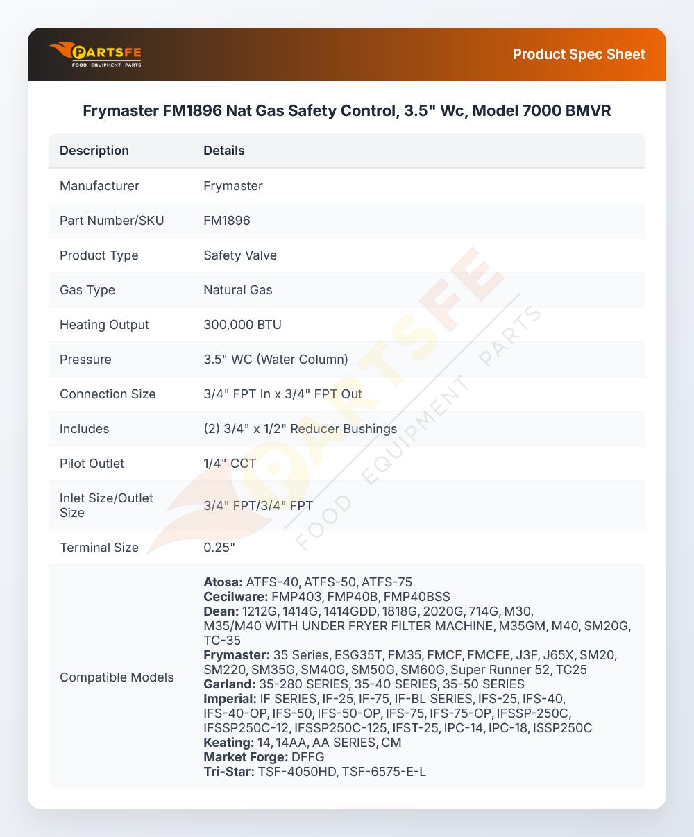 Frymaster FM1896 Nat Gas Safety Control, 3.5" Wc, Model 7000 BMVR
