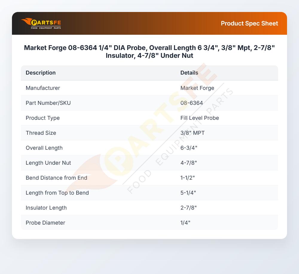 Market Forge 08-6364  1/4" DIA Probe, Overall Length 6 3/4", 3/8" Mpt, 2-7/8" Insulator, 4-7/8" Under Nut