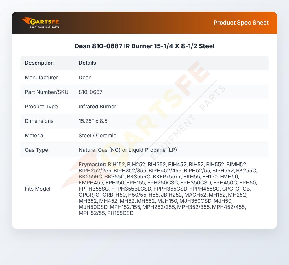 Dean 810-0687 IR Burner 15-1/4 X 8-1/2  Steel