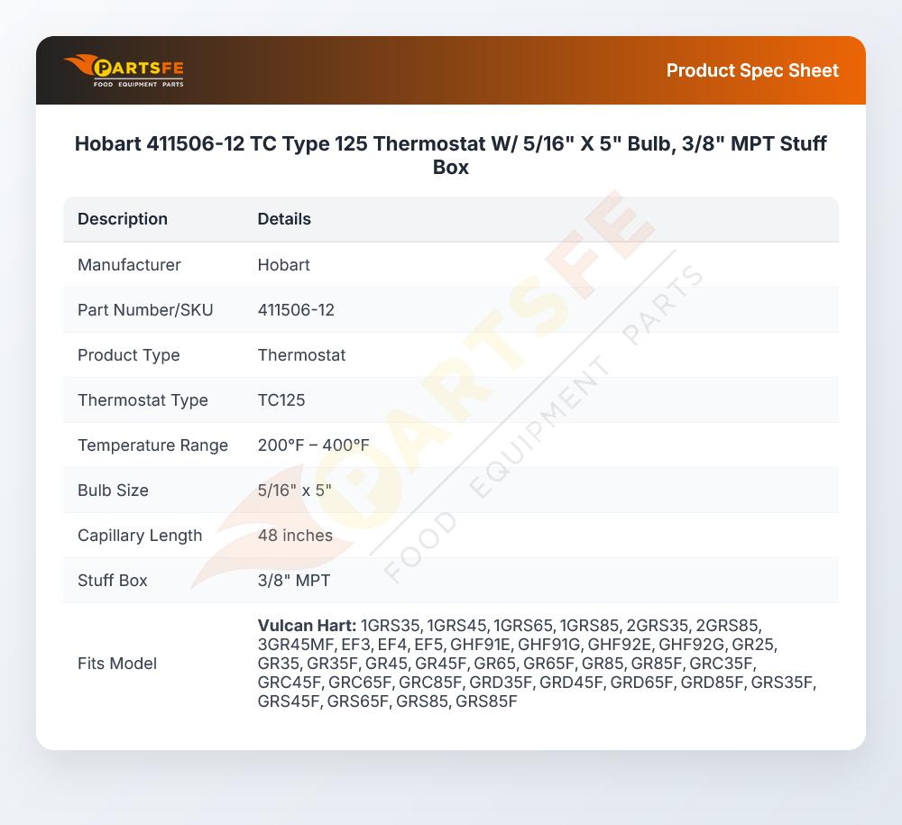 Hobart 411506-12 Fryer Thermostat TC125 5/16" X 5" Bulb 48" CAP