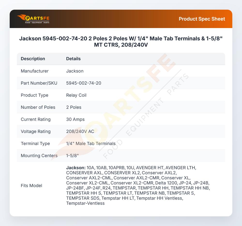 Jackson 5945-002-74-20 Dishmachine Contactor 2 Pole 30A 208-240V