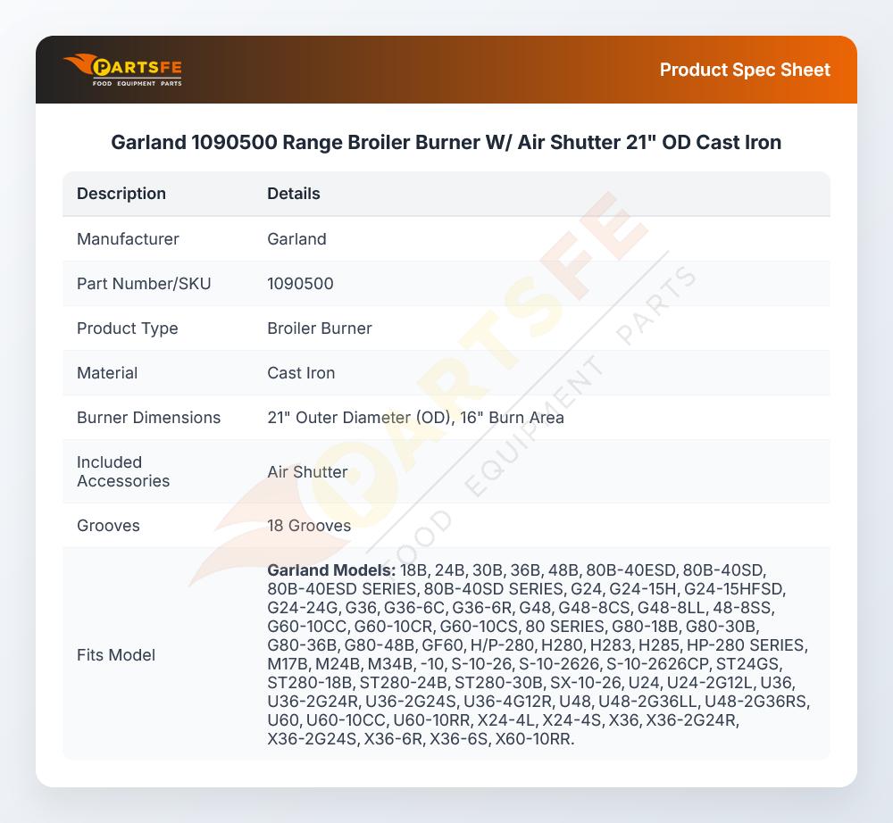 Garland 1090500 Range Broiler Burner W/ Air Shutter 21" OD Cast Iron