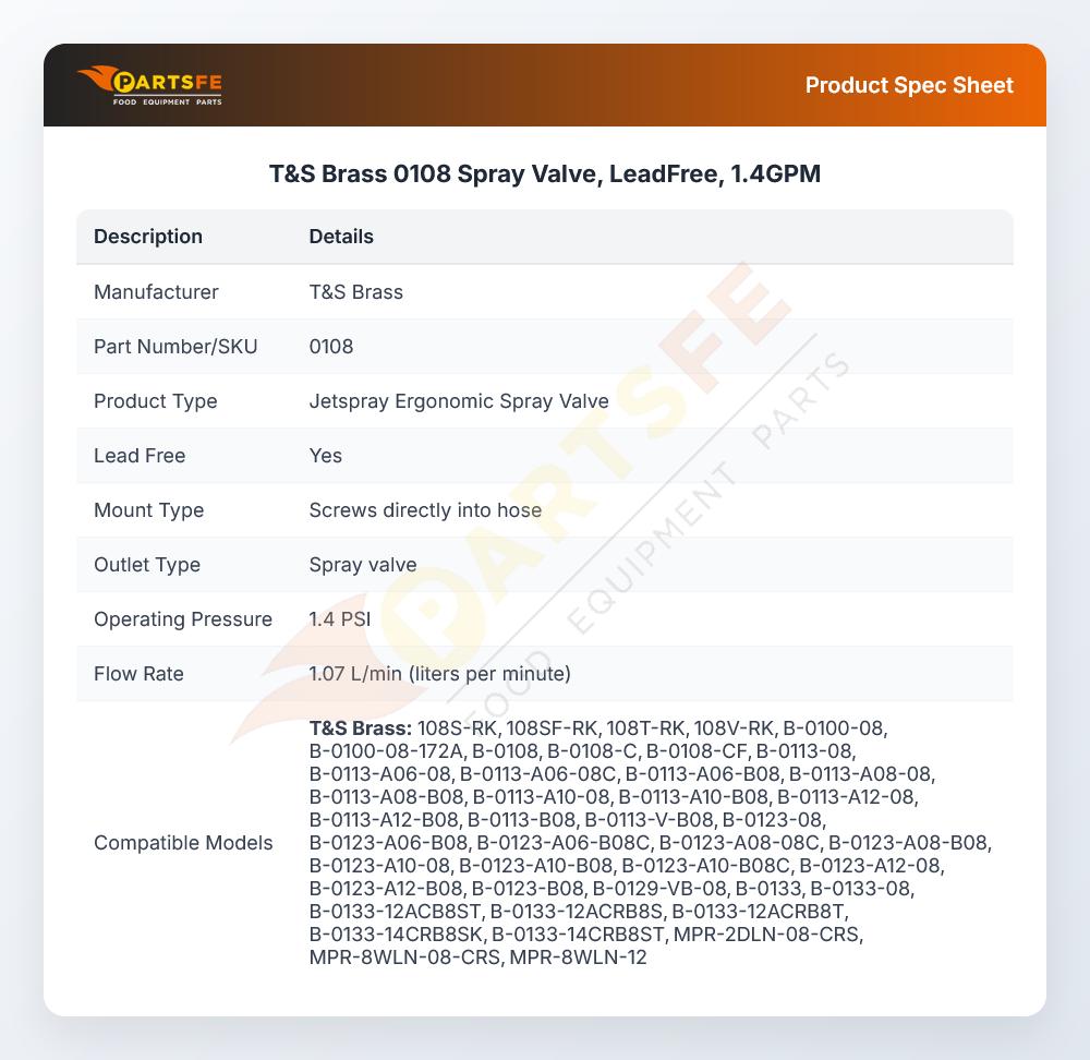T&S Brass 0108 Spray Valve, LeadFree, 1.4GPM