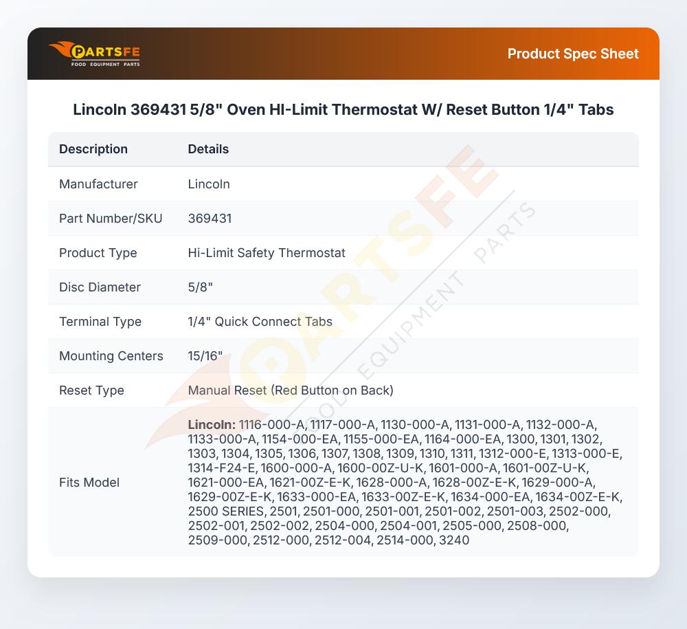 Lincoln 369431 5/8" Oven HI-Limit Thermostat W/ Reset Button 1/4" Tabs