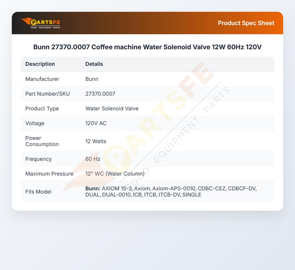 Bunn 27370.0007 Coffee machine Water Solenoid Valve 12W 60Hz 120V