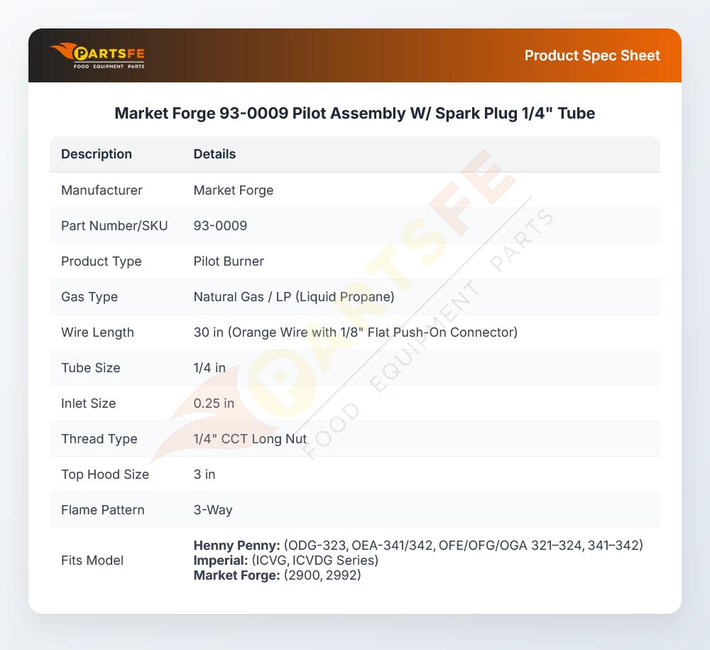 Market Forge 93-0009 Pilot Assembly W/ Spark Plug 1/4" Tube