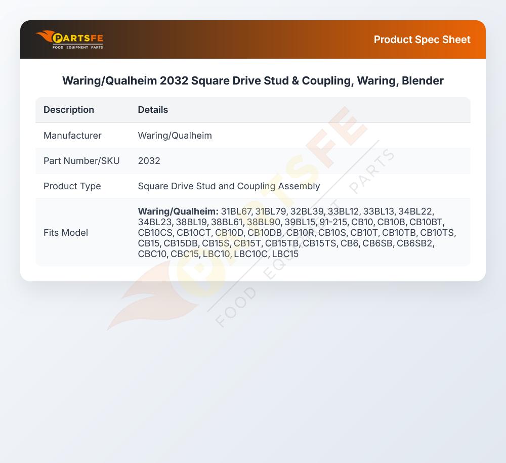 Waring/Qualheim 2032 Square Drive Stud & Coupling, Waring, Blender