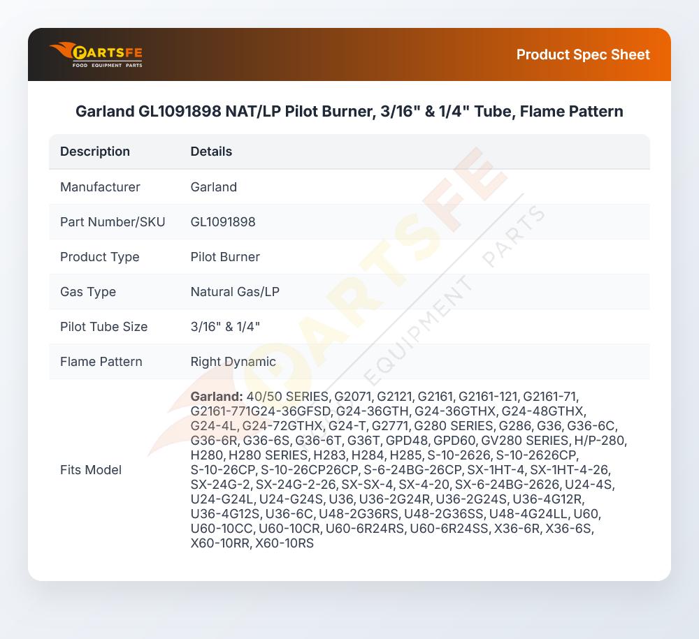 Garland GL1091898 Range Pilot Burner NAT/LP 3/16" X 1/4" Tube