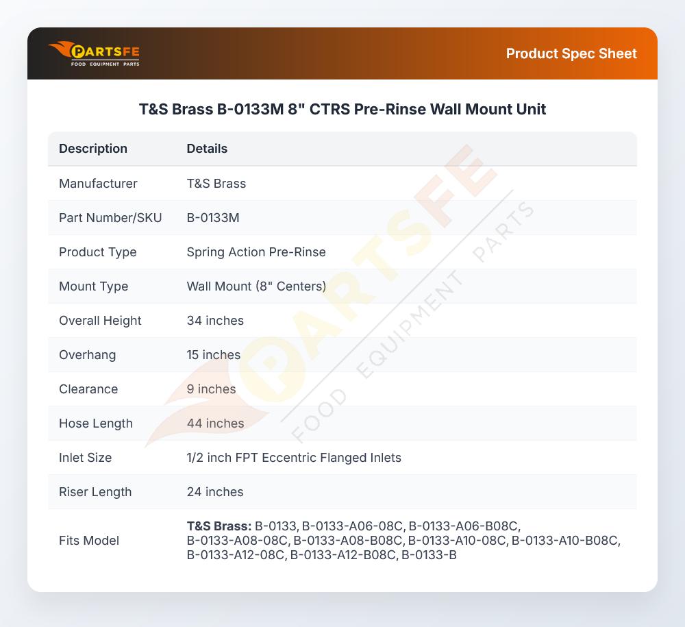 T&S Brass B-0133M 8" CTRS Pre-Rinse Wall Mount Unit